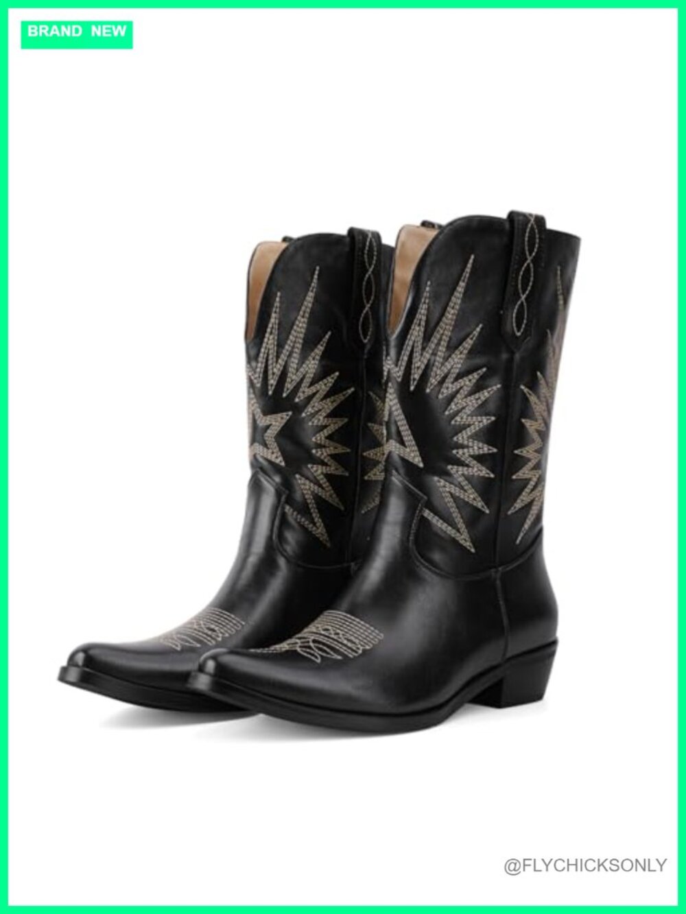 Western Mid Calf Cowboy Boots Pointed Toe Faux Leather Chunky Heel